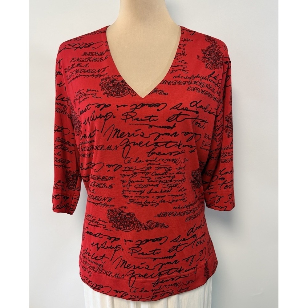 Vintage Womens Top V-neck Stretch Red Black Scroll Calligraphy Y2K USA Office XL